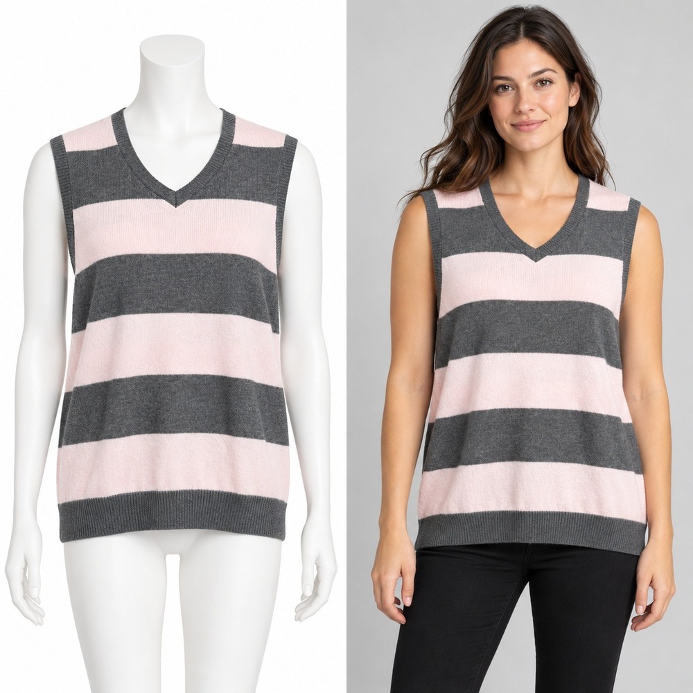 Old Navy Sweater Vest Womens L Pink Gray Striped V-Neck Preppy Academic Cotton